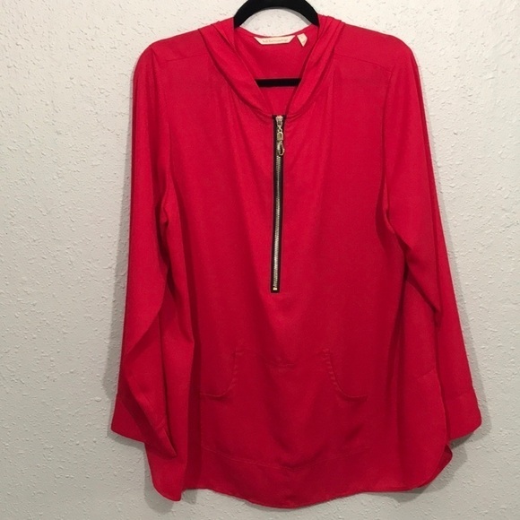 Soft Surroundings Red Zip Front Pull-Over Chiffon Blouse with Hood size L - Picture 1 of 9